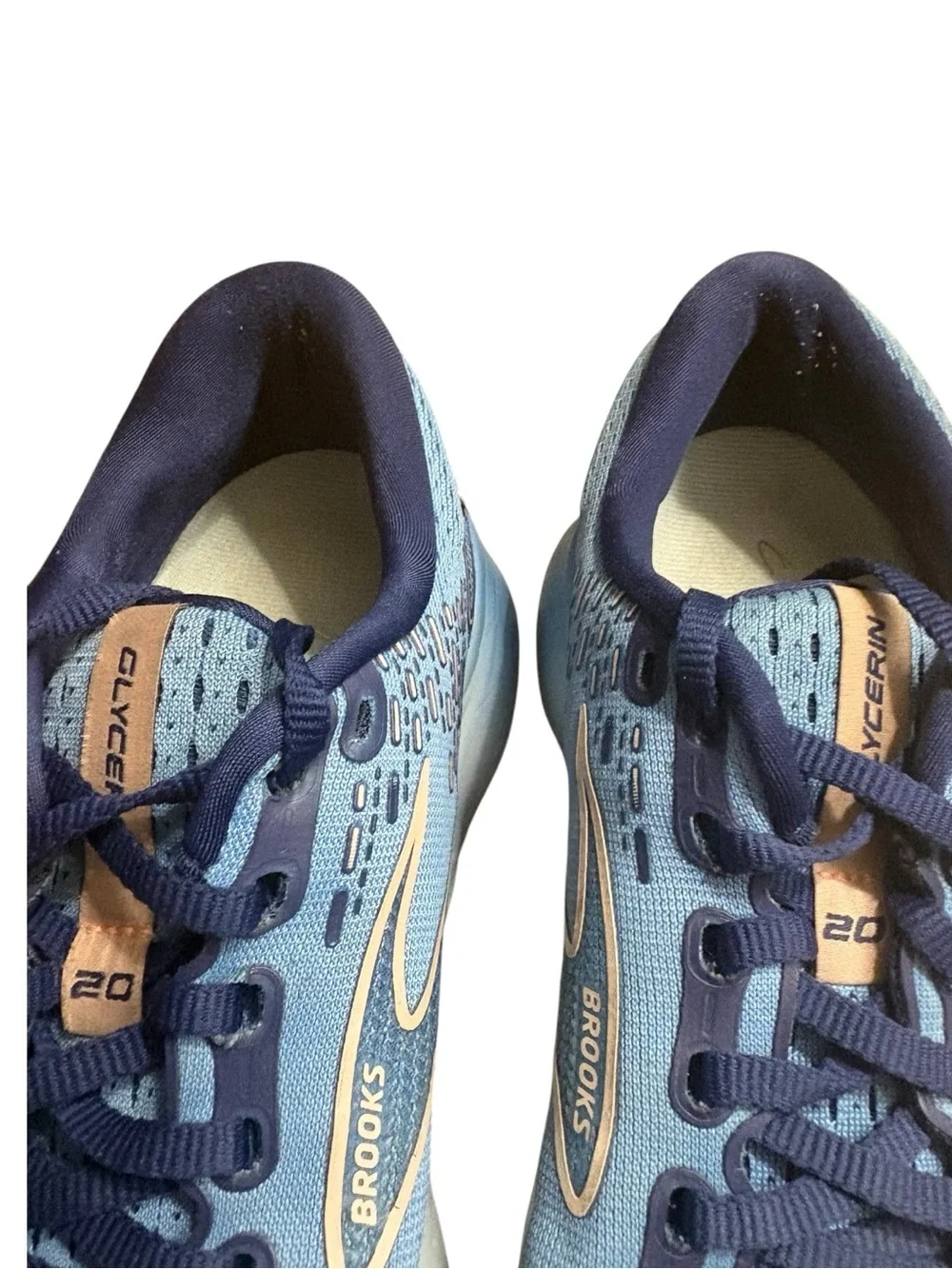 BROOKS Glycerin 20 in Blissful Blue/Peach/White Knit Running Shoes Size 8.5